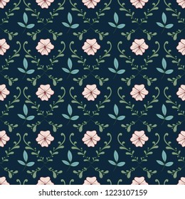 Floral seamless pattern, pansy flowers and leaves, dark background. Retro wallpaper seamless pattern.