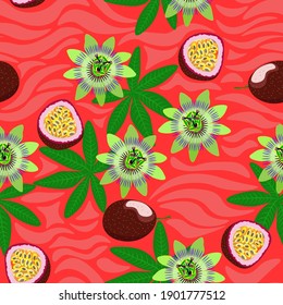 Floral seamless pattern with passion flowers and passion fruits on pink background.
