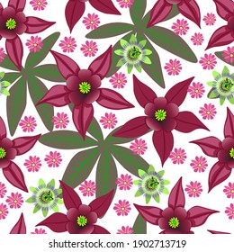 Patrón floral sin fisuras. Flores de pasión y flores magenta sobre fondo blanco.