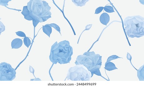 Floral seamless pattern, pastel blue roses on light grey background