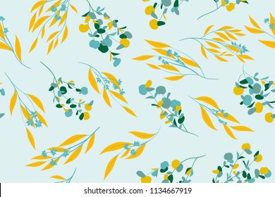 Floral Seamless Pattern in Pastel Color Design. Vector Eucalyptus Leaves and Beautiful Blossom Elements. Botanical Summer Background. Floral Seamless Pattern for Wedding Design, Print, Textile, Fabric