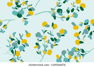 Floral Seamless Pattern in Pastel Color Design. Vector Eucalyptus Leaves and Beautiful Blossom Elements. Botanical Summer Background. Floral Seamless Pattern for Wedding Design, Print, Textile, Fabric