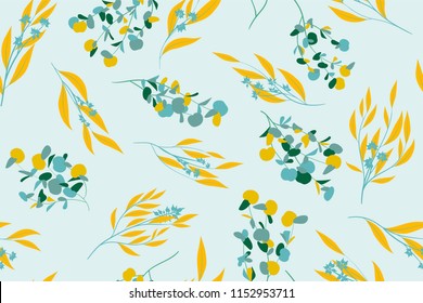 Floral Seamless Pattern in Pastel Color Design. Vector Eucalyptus Leaves and Beautiful Blossom Elements. Botanical Summer Background. Floral Seamless Pattern for Wedding Design, Print, Textile, Fabric
