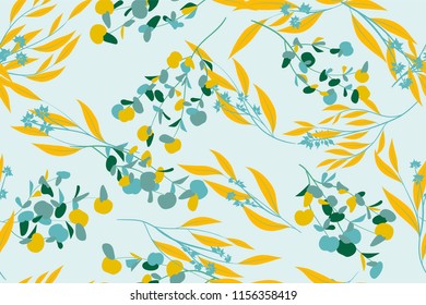 Floral Seamless Pattern in Pastel Color Design. Vector Eucalyptus Leaves and Beautiful Blossom Elements. Botanical Summer Background. Floral Seamless Pattern for Wedding Design, Print, Textile, Fabric