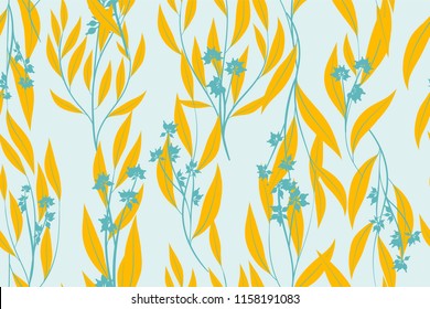 Floral Seamless Pattern in Pastel Color Design. Vector Eucalyptus Leaves and Beautiful Blossom Elements. Botanical Summer Background. Floral Seamless Pattern for Wedding Design, Print, Textile, Fabric
