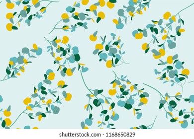 Floral Seamless Pattern in Pastel Color Design. Vector Eucalyptus Leaves and Beautiful Blossom Elements. Botanical Summer Background. Floral Seamless Pattern for Wedding Design, Print, Textile, Fabric