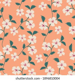 Floral seamless pattern in pastel color. Minimal hand drawn ditsy flower pattern.