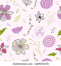 Floral seamless pattern in pastel colors for package design, web, fabric, wrapping paper, gifts. Pastel flowers wallpaper for background in trendy cute hand drawn style