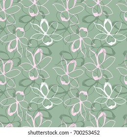 Floral seamless pattern. Pastel colors. Stylized sketch  jasmine or magnolia flowers. Great for fabric, wallpaper, wrapping paper, surface design, wedding invitation. Vector