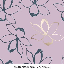 Floral seamless pattern. Pastel colors and Gold. Stylized sketch  jasmine or magnolia flowers. Great for fabric, wallpaper, wrapping paper, surface design, wedding invitation. Vector