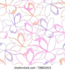 Floral seamless pattern. Pastel doodles texture. Stylized sketch  jasmine flowers. Great for fabric, wallpaper, wrapping paper, surface design, wedding invitation. Vector