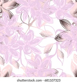 Floral seamless pattern. Pastel and gold doodles texture. Stylized sketch  jasmine flowers. Great for fabric, wallpaper, wrapping paper, surface design, wedding invitation. Vector