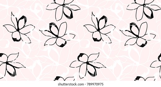 Floral seamless pattern. Pastel and gold doodles texture. Stylized sketch  jasmine flowers. Great for fabric, wallpaper, wrapping paper, surface design, wedding invitation. Vector