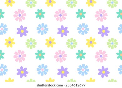 Floral seamless pattern of pastel multicolored cornflowers and daisies in flat style on a white background. Perfect for spring or summer flowers designs, nursery, wallpaper, wrapping or gift paper.
