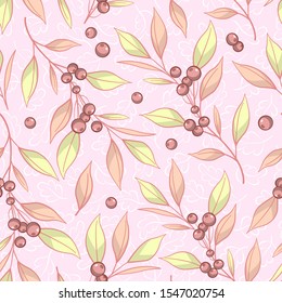 Floral seamless pattern with pastel pink branches, leaves and berries. Natural background for fabric, wallpaper, textile, wrapping paper, web design.