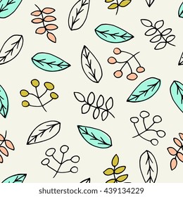 Floral seamless pattern in pastel pink, green and blue on cream background,
