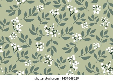 Floral seamless pattern, pastel print. Flowers and leaves in hand drawn style on a light green background. Decorative ornament background for fabric, textile, wrapping paper, card, wallpaper...Vector.