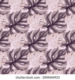 Floral seamless pattern in pastel purple tones with doodle exotic monstera leaves print. Bloom palm print. Designed for fabric design, textile print, wrapping, cover. Vector illustration.