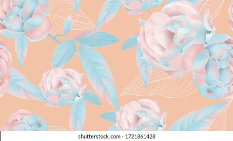 Floral seamless pattern, pastel roses on bright orange