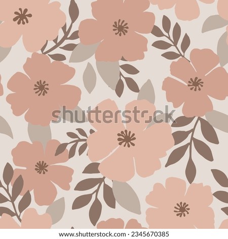 Floral seamless pattern. Peachy monochrome hand-drawn digital paper with flowers. Blossom beige, pink shades background with leaves. Floral vintage pattern with pink flowers and leaves. 