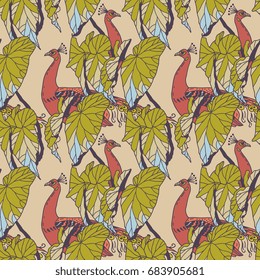 Floral seamless pattern with peacocks and plants