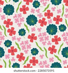 Patrón floral sin fisuras con flores de pelargonio y hojas sobre fondo claro. Ideal para papel pintado, papel de regalo, tarjetas de felicitación primavera y verano. Ilustración del vector