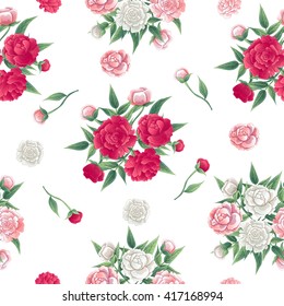 Floral Seamless Pattern. Peonies Background. Pink and White Peon. Vector illustration