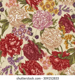 Floral Seamless Pattern with Peonies, Blackberry and Wild Flowers in Vintage Style, Botanical Greeting Card