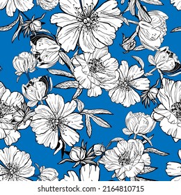 Floral seamless pattern with peonies, buds, leaves vector hand drawn graphics on a blue background print for textiles, fabric, wallpapers, perfume packaging.