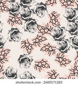 Floral seamless pattern with peonies and roses. Flowers. Vector background, design, print. Vintage halftone, mixed media