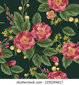Patrón sin soldadura floral con peonías y guisantes dulces sobre fondo beige