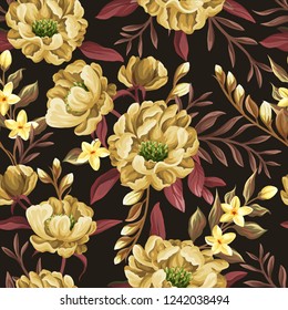 Nahtlose Blumenmuster mit Zinnspitzen und Süßerbsen auf beigem Hintergrund