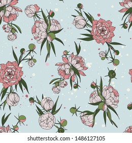 Floral Seamless pattern with peony flower on a blue background 