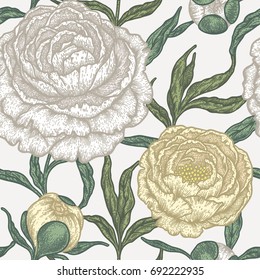 Floral seamless pattern with peony flowers. Vintage engraving background of peonies, branches and leaves.