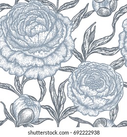 Floral seamless pattern with peony flowers. Vintage engraving background of peonies, branches and leaves.