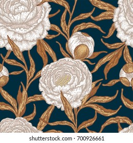 Floral seamless pattern with peony flowers. Vintage engraving background of peonies, branches and leaves. 