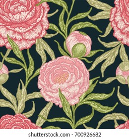 Floral seamless pattern with peony flowers. Vintage engraving background of peonies, branches and leaves. 