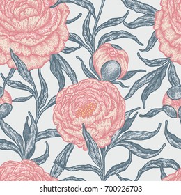Floral seamless pattern with peony flowers. Vintage engraving background of peonies, branches and leaves. 