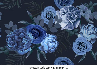 Floral seamless pattern with peony and roses. Flower blue print on dark background. Vintage textile. Watercolour style. Vector illustration