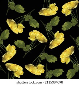 Floral Seamless Pattern with peony roses flowers with leaves. Yellow blooming Flowers on black Background.	
