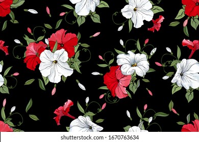 Floral seamless pattern with petunia. White, red flowers and green leaves on black background. Hand drawn. For design, textile, print, wallpapers, wrapping paper. Vector stock illustration.