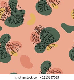 Patrón floral sin fisuras con filodendrón y hojas de monstera sobre un fondo rosado con manchas de color. Diseño dibujado a mano para tela, impresión, cubierta, banner e invitación, ilustración vectorial.