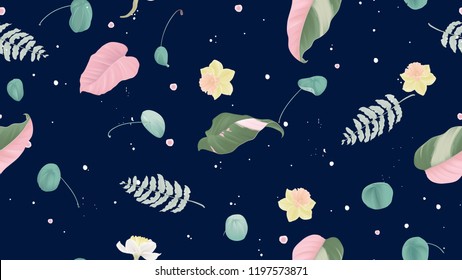 Floral seamless pattern, Philodendron pink princess, fern, daffodils and Pilea peperomioides on dark blue background, pastel vintage theme