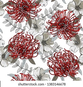 Floral Seamless pattern. Pink african Protea flowers, white Hibiscus, leaves and herbs. Textile composition, hand drawn style print. Vector illustration.