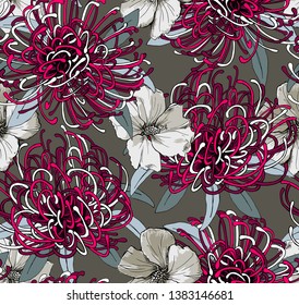 Floral Seamless pattern. Pink african Protea flowers, white Hibiscus, leaves on a olive color background. Textile composition, hand drawn style print. Vector illustration.