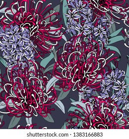 Floral Seamless pattern. Pink african Protea, lilac Hyacinth, flowers and leaves on a dark background. Textile composition, hand drawn style print. Vector illustration.