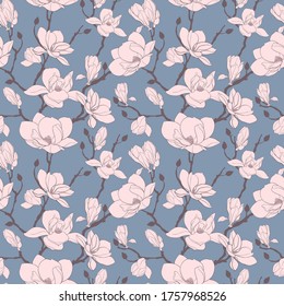Floral seamless pattern with pink Anise magnolia flowers, leaves and branches on blue background. Vintage vector ornament template for fabric, prints, greeting cards, packaging paper, textile.
