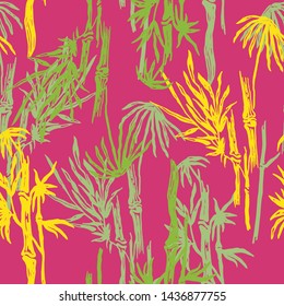 Floral seamless pattern with pink bamboo trees. Tropical background. Colored jungle wallpaper, nature illustration for fabric, textile or prints - Vector