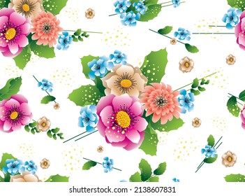 Floral seamless pattern with pink, beige and blue flowers. Vector drawing for the design of fabrics, textiles, packaging, covers, wallpapers, websites, other.