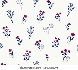 Floral seamless pattern with pink and blue blossom flowers and leaves on white background